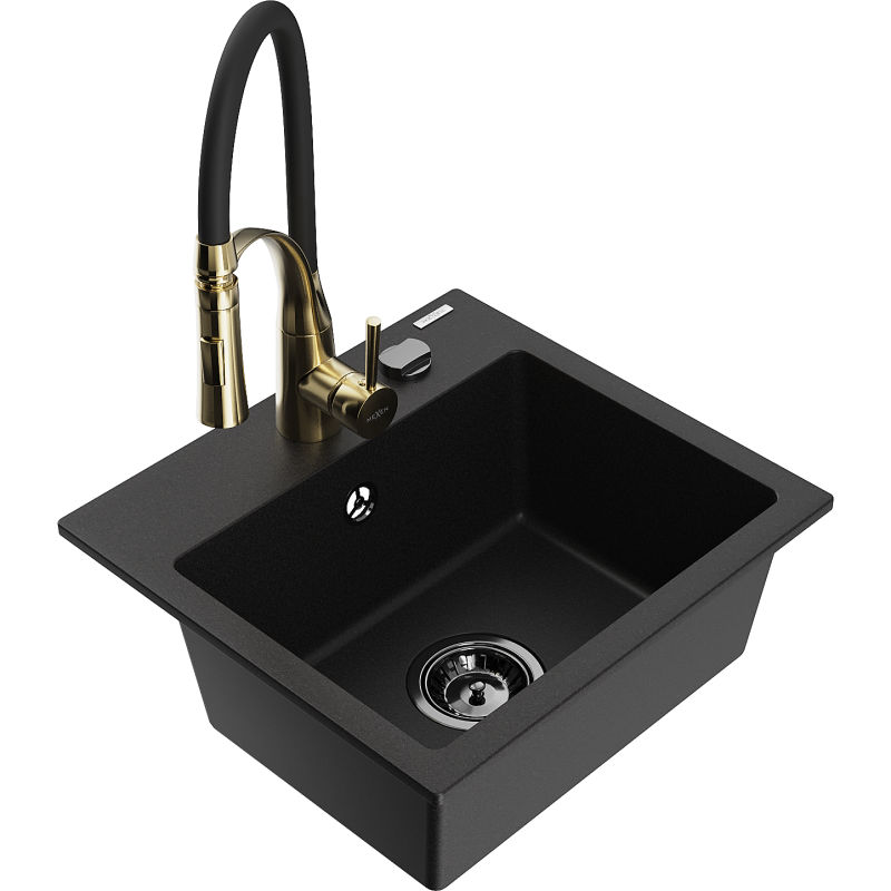 Mexen Milo fregadero de granito 1-cubeta con grifo de cocina Aster, negro - 6505-77-73450-57-B