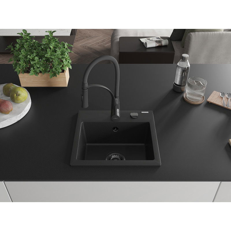 Mexen Milo granite sink 1-bowl with Aster kitchen tap, black - 6505-77-73450-70-B