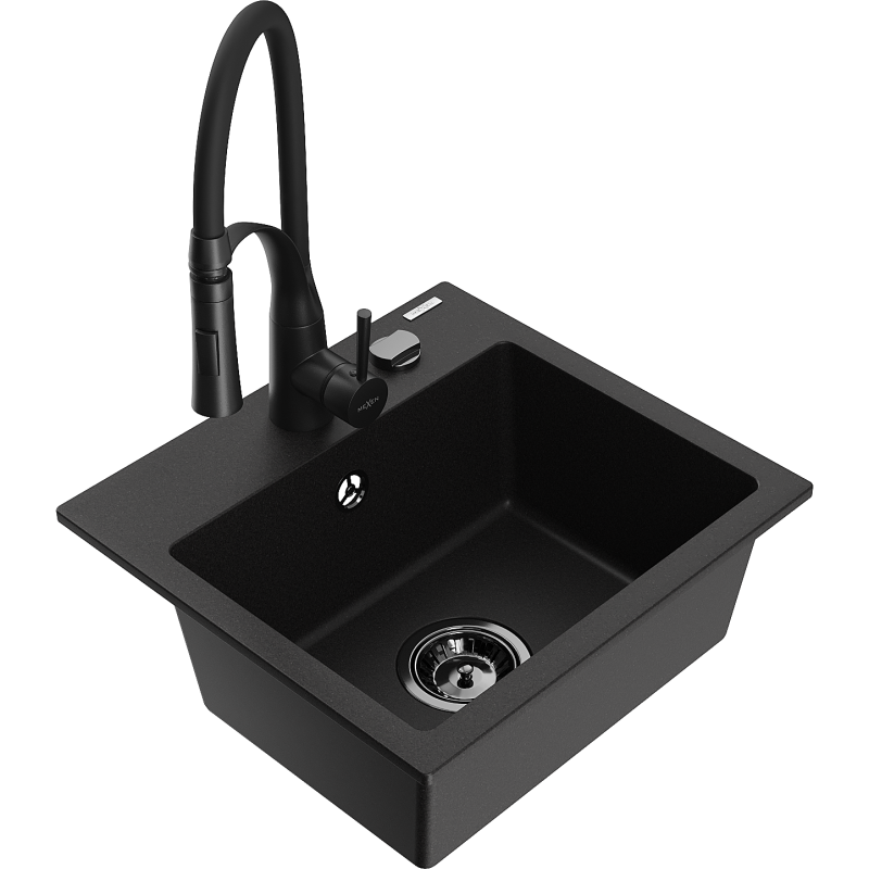 Mexen Milo fregadero de granito de 1 cubeta con grifo de cocina Aster, negro - 6505-77-73450-70-B