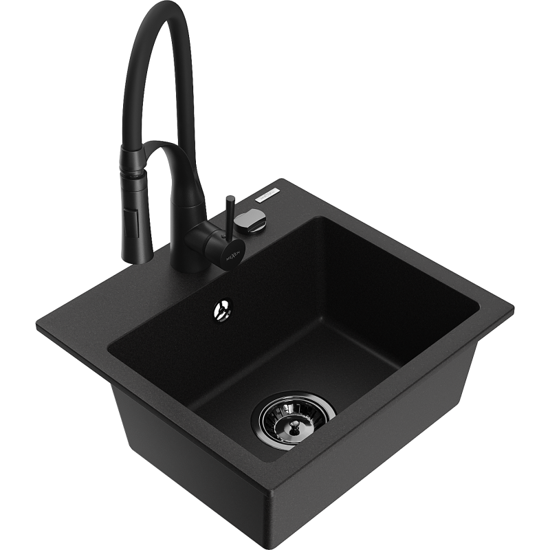 Mexen Milo granitdiskbänk 1-fack med köksblandare Aster, svart - 6505-77-73450-70-B