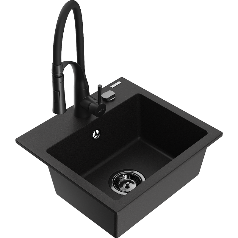 Mexen Milo lava-louça de granito de 1 bacia com misturadora de cozinha Aster, preto - 6505-77-73450-70-B