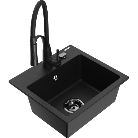 Mexen Milo granit keuken gootsteen met 1 kom met keukenmengkraan Aster, zwart - 6505-77-73450-70-B