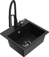 Mexen Milo granite sink 1-bowl with Aster kitchen tap, black - 6505-77-73450-70-B