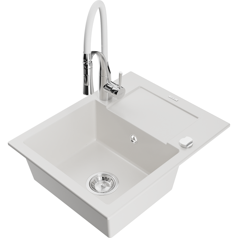 Mexen Enzo fregadero de granito de 1 seno con escurridor y grifo de cocina Aster, blanco - 6506-20-73450-02