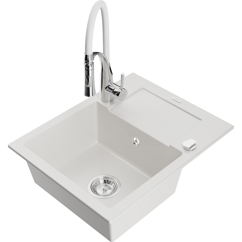 Mexen Enzo granitdiskho enkelho med avrinningsyta och köksblandare Aster, vit - 6506-20-73450-02