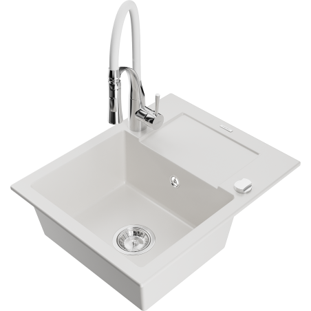 Mexen Enzo fregadero de granito de 1 seno con escurridor y grifo de cocina Aster, blanco - 6506-20-73450-02