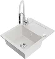 Mexen Enzo single-bowl granite sink with drainer and Aster kitchen tap, white - 6506-20-73450-02