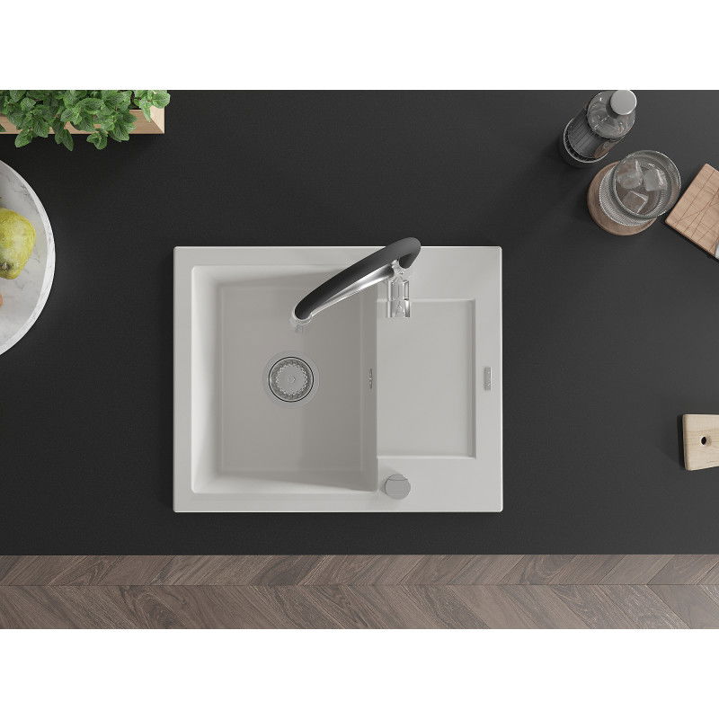 Mexen Enzo lava-louça de granito 1-cuba com escorredor e torneira de cozinha Aster, branco - 6506-20-73450-07