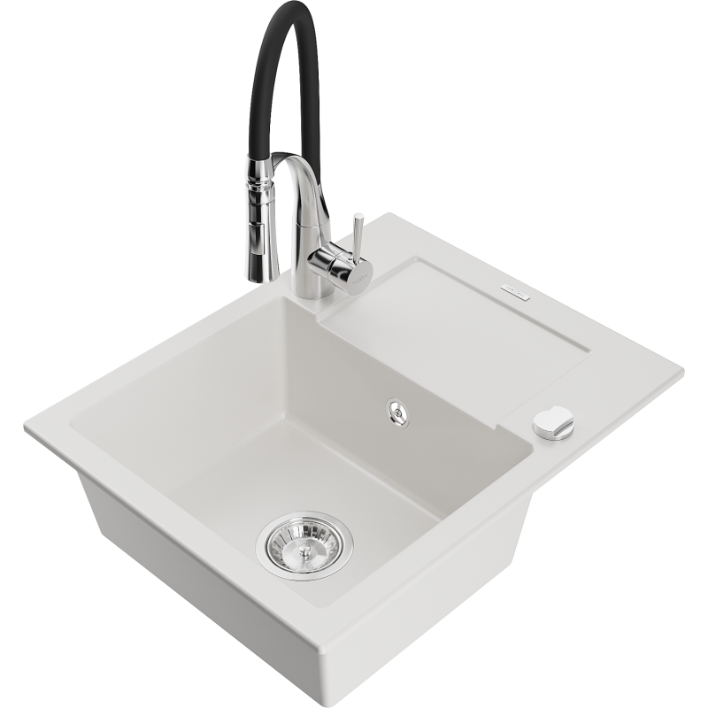 Mexen Enzo single-bowl granite sink with drainer and Aster kitchen tap, white - 6506-20-73450-07