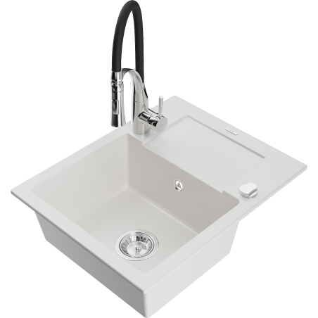 Mexen Enzo single-bowl granite sink with drainer and Aster kitchen tap, white - 6506-20-73450-07