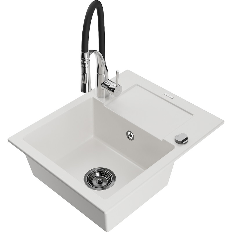 Mexen Enzo fregadero de granito de 1 seno con escurridor y grifo de cocina Aster, blanco - 6506-20-73450-07-B