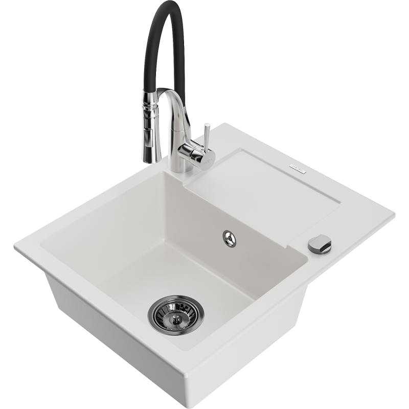 Mexen Enzo lava-loiça em granito de 1-cuba com escorredor e torneira de cozinha Aster, branco - 6506-20-73450-07-B
