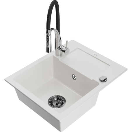 Mexen Enzo 1-bowl granite sink with drainer and Aster kitchen tap, white - 6506-20-73450-07-B