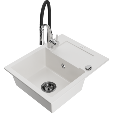Mexen Enzo granite kitchen sink 1-bowl with drainer and Aster kitchen faucet, white - 6506-20-73450-07-B