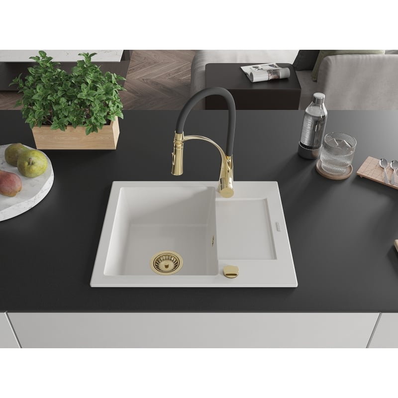 Mexen Enzo graniidist 1-kambriline kraanikauss, millel on äravoolurest ja köögisegisti Aster, valge - 6506-20-73450-57-G
