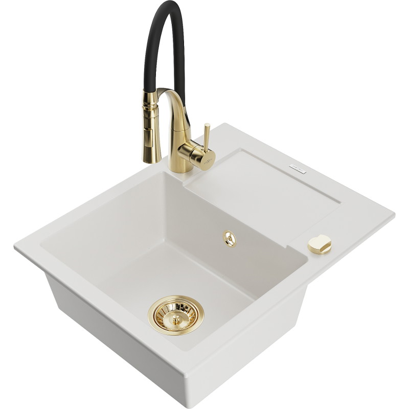 Mexen Enzo fregadero de granito de 1 cubeta con escurridor y grifo de cocina Aster, blanco - 6506-20-73450-57-G
