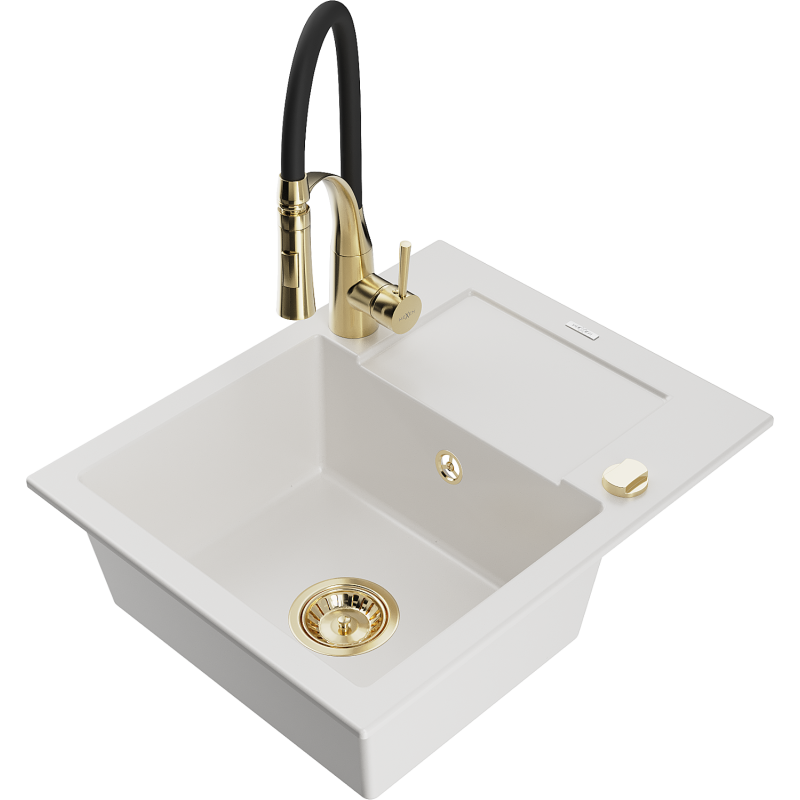 Mexen Enzo granite sink 1-bowl with drainer and Aster kitchen tap, white - 6506-20-73450-57-G