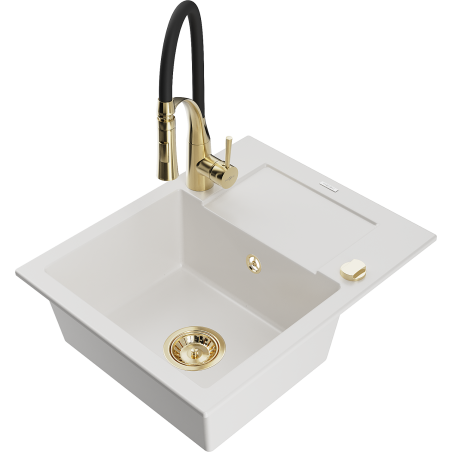 Mexen Enzo granite sink 1-bowl with drainer and Aster kitchen tap, white - 6506-20-73450-57-G