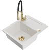 Mexen Enzo granite sink 1-bowl with drainer and Aster kitchen tap, white - 6506-20-73450-57-G