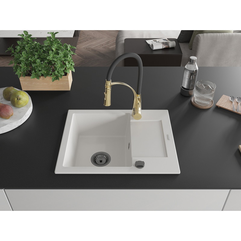 Mexen Enzo fregadero de granito de 1 seno con escurridor y grifo de cocina Aster, blanco - 6506-20-73450-57-B