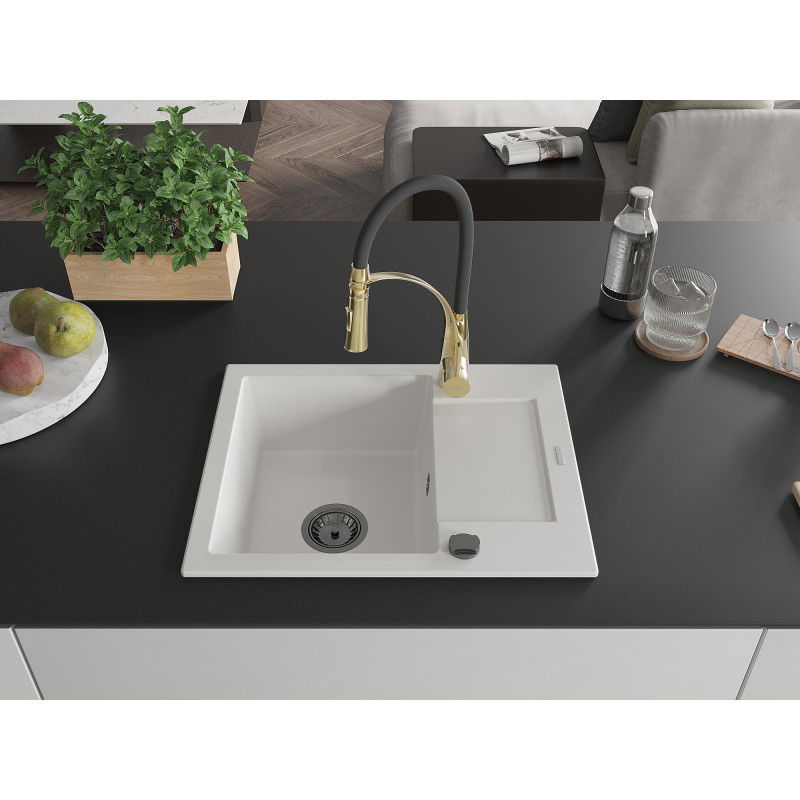 Mexen Enzo granite kitchen sink 1-bowl with drainer and Aster kitchen tap, white - 6506-20-73450-57-B