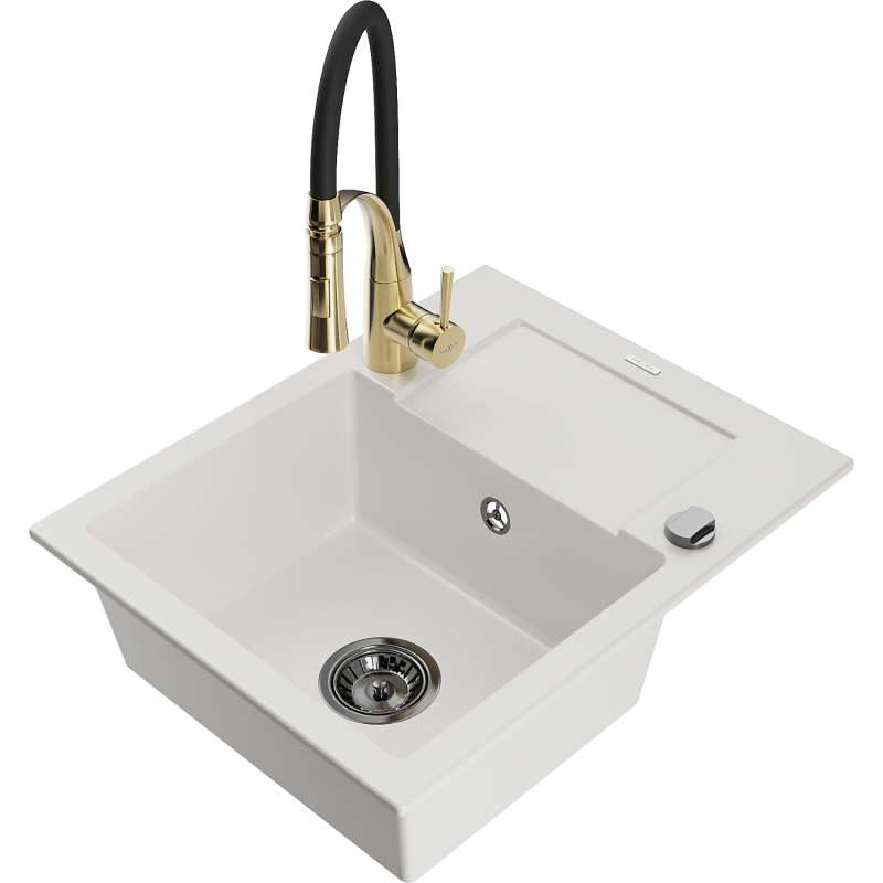 Mexen Enzo granite kitchen sink 1-bowl with drainer and Aster kitchen tap, white - 6506-20-73450-57-B