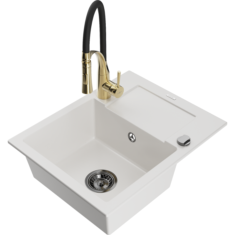 Mexen Enzo lava-loiça em granito de 1 cuba com escorredor e torneira de cozinha Aster, branco - 6506-20-73450-57-B