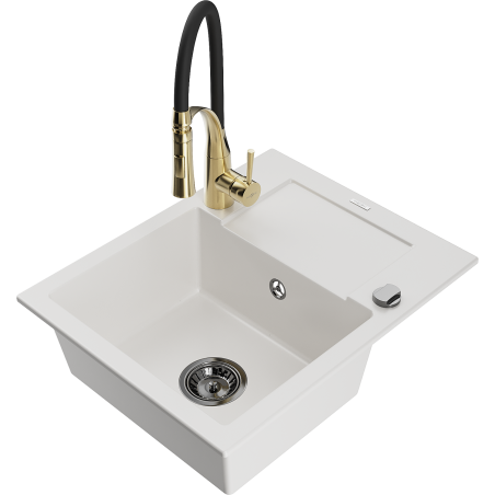 Mexen Enzo granite kitchen sink 1-bowl with drainer and Aster kitchen tap, white - 6506-20-73450-57-B