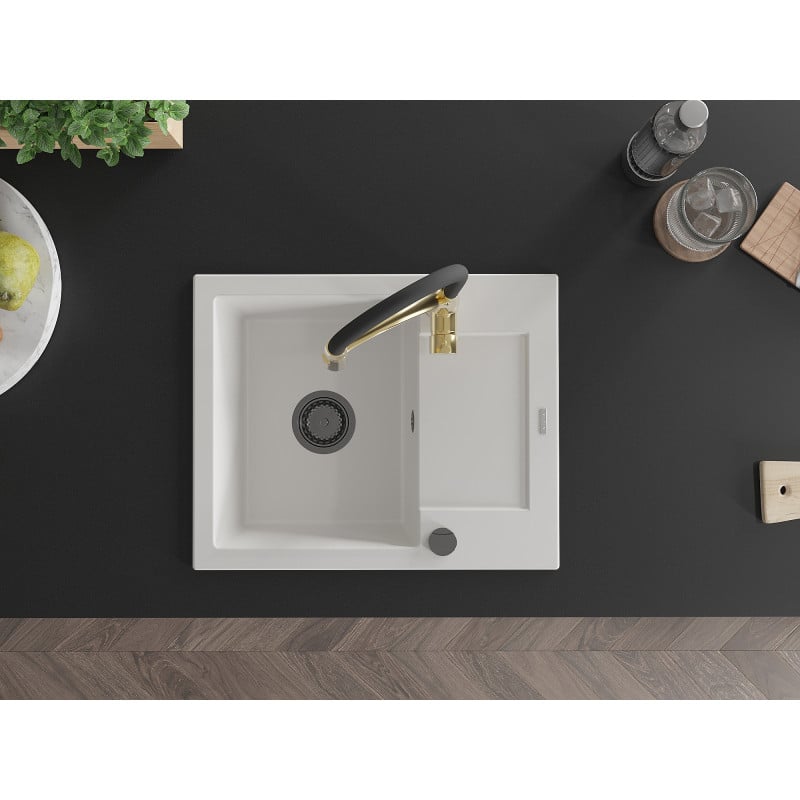 Mexen Enzo fregadero de granito de 1 cuenco con escurridor y grifo de cocina Aster, blanco - 6506-20-73450-57-B