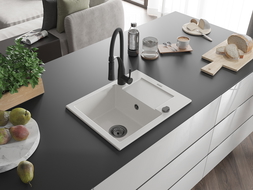 Mexen Enzo lavello in granito a 1 vasca con gocciolatoio e miscelatore cucina Aster, bianco - 6506-20-73450-70-B