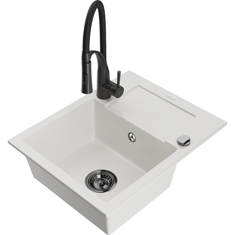Mexen Enzo 1-Bowl Granite Sink with Drainer and Aster Kitchen Tap, White - 6506-20-73450-70-B