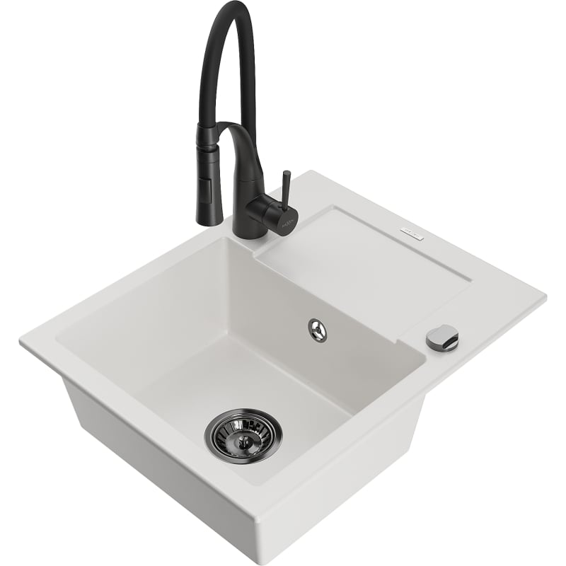 Mexen Enzo évier en granit 1 bac avec égouttoir et robinet de cuisine Aster, blanc - 6506-20-73450-70-B