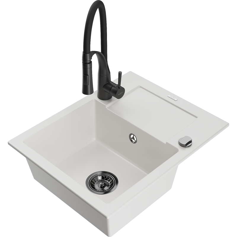 Mexen Enzo fregadero de granito de 1 seno con escurridor y grifo de cocina Aster, blanco - 6506-20-73450-70-B