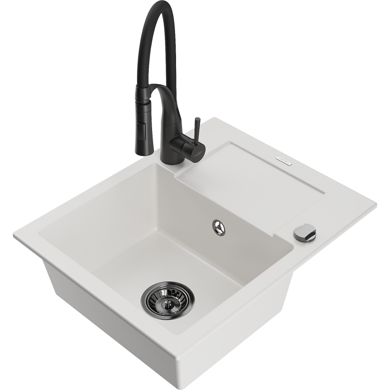 Mexen Enzo vienkameras granīta izlietne ar noteces vietu un virtuves jaucējkrānu Aster, balta - 6506-20-73450-70-B