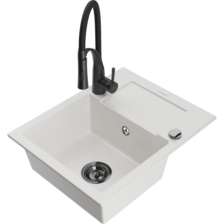 Mexen Enzo lava-loiça de granito de 1 cuba com escorredor e torneira de cozinha Aster, branco - 6506-20-73450-70-B
