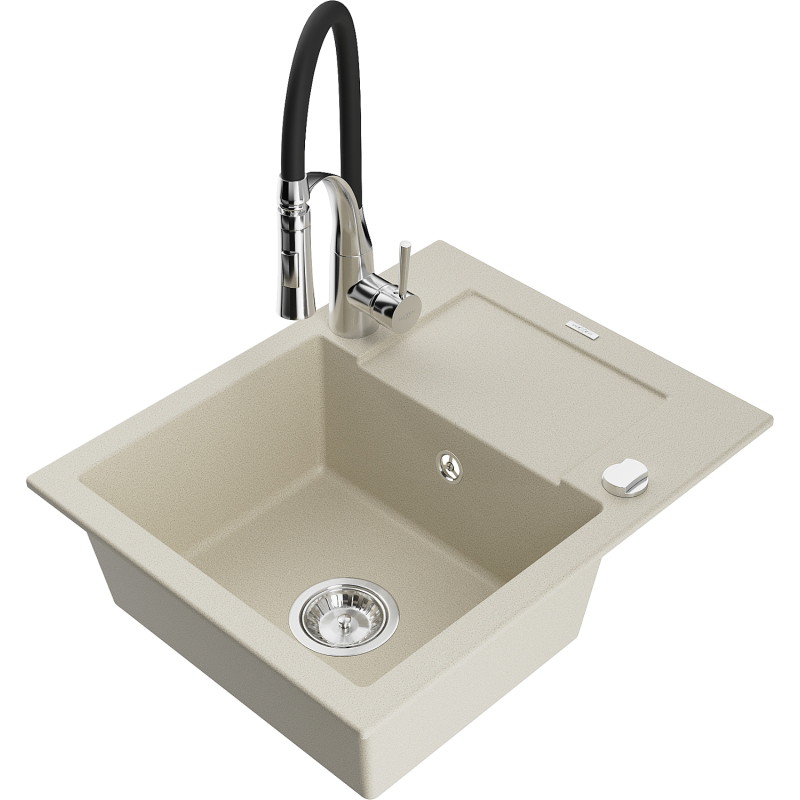 Mexen Enzo Évier en granit 1 bac avec égouttoir et robinet de cuisine Aster, beige - 6506-69-73450-07
