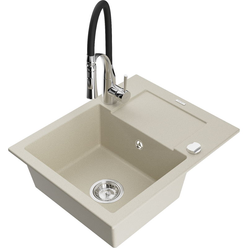 Mexen Enzo granite sink 1-bowl with drainer and Aster kitchen tap, beige - 6506-69-73450-07
