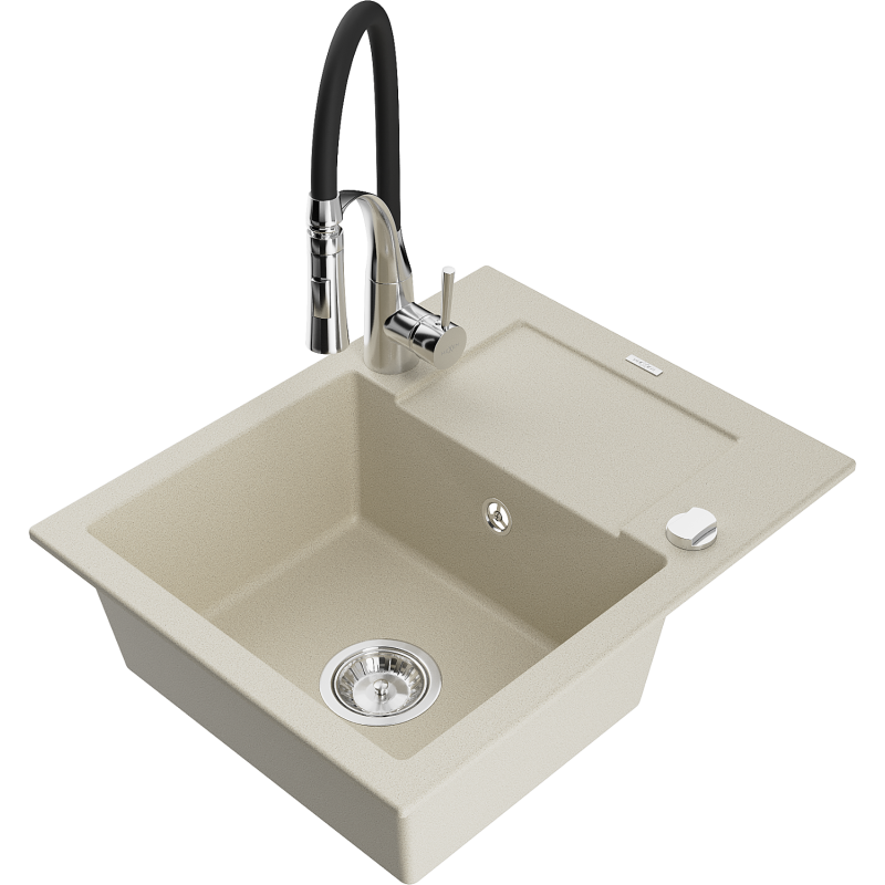 Mexen Enzo Granitspüle 1-Becken mit Abtropffläche und Küchenarmatur Aster, beige - 6506-69-73450-07