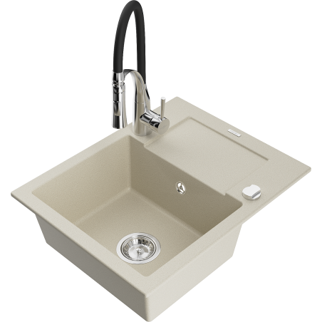 Mexen Enzo granieten spoelbak met 1 kom, afdruipplaat en keukenmengkraan Aster, beige - 6506-69-73450-07
