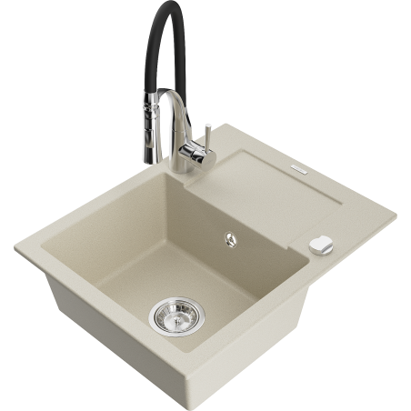 Mexen Enzo Granitspüle 1-Becken mit Abtropffläche und Küchenarmatur Aster, beige - 6506-69-73450-07