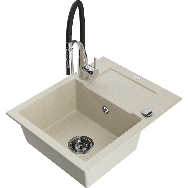 Mexen Enzo Granitspüle 1-Becken mit Abtropffläche und Küchenarmatur Aster, beige - 6506-69-73450-07-B