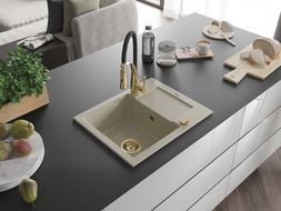 Mexen Enzo fregadero de granito de 1 cubeta con escurridor y grifo de cocina Aster, beige - 6506-69-73450-57-G
