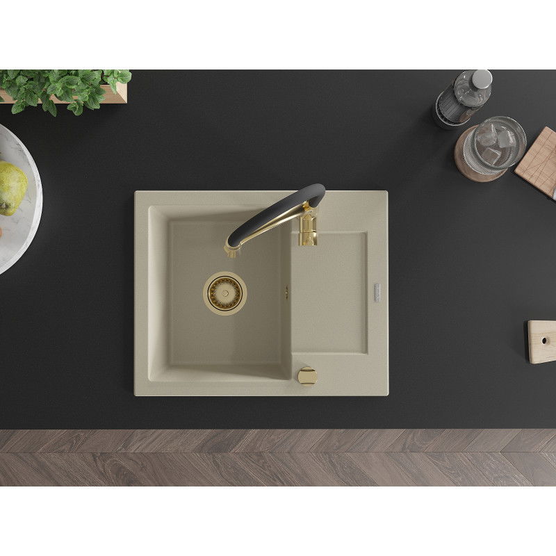 Mexen Enzo fregadero de granito de 1 cubeta con escurridor y grifo de cocina Aster, beige - 6506-69-73450-57-G