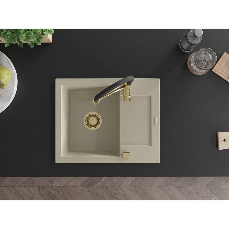 Mexen Enzo lava-loiça de granito de 1 cuba com escorredor e torneira de cozinha Aster, bege - 6506-69-73450-57-G