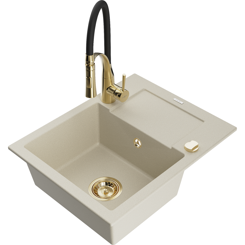 Mexen Enzo fregadero de granito de 1 cubeta con escurridor y grifo de cocina Aster, beige - 6506-69-73450-57-G