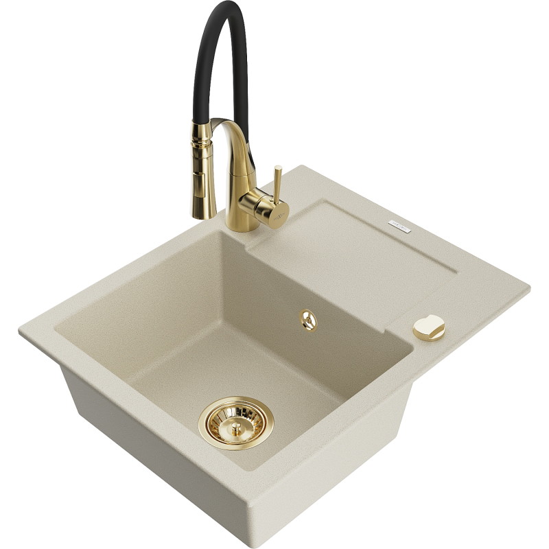 Mexen Enzo granitische 1-kompartimenten spoelbak met druiprek en keukenmengkraan Aster, beige - 6506-69-73450-57-G