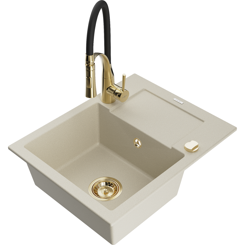 Mexen Enzo Granitspüle 1-beckig mit Abtropffläche und Küchenarmatur Aster, Beige - 6506-69-73450-57-G