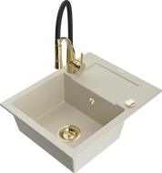 Mexen Enzo 1-bowl granite sink with drainer and Aster kitchen faucet, beige - 6506-69-73450-57-G