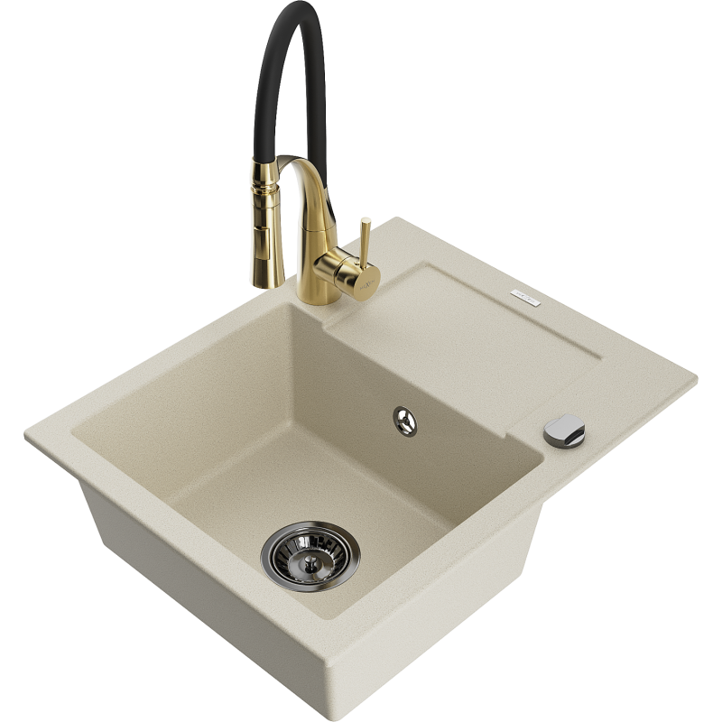 Mexen Enzo fregadero de granito de 1 cubeta con escurridor y grifo de cocina Aster, beige - 6506-69-73450-57-B