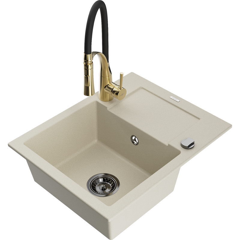Mexen Enzo granitdiskho med 1 ho, avrinningsbräda och kökskran Aster, beige - 6506-69-73450-57-B
